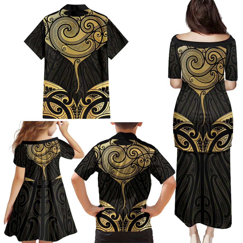 Gold Black New Zealand Manta Ray Family Matching Puletasi and Hawaiian Shirt Aotearoa Maori Haehae LT14 - Polynesian Pride
