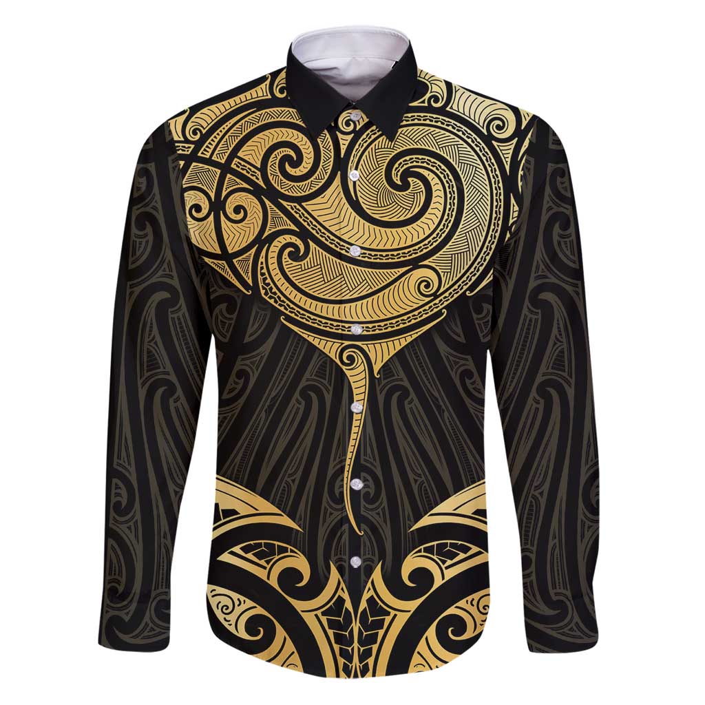 Gold Black New Zealand Manta Ray Family Matching Puletasi and Hawaiian Shirt Aotearoa Maori Haehae LT14 Dad's Shirt - Long Sleeve Black - Polynesian Pride