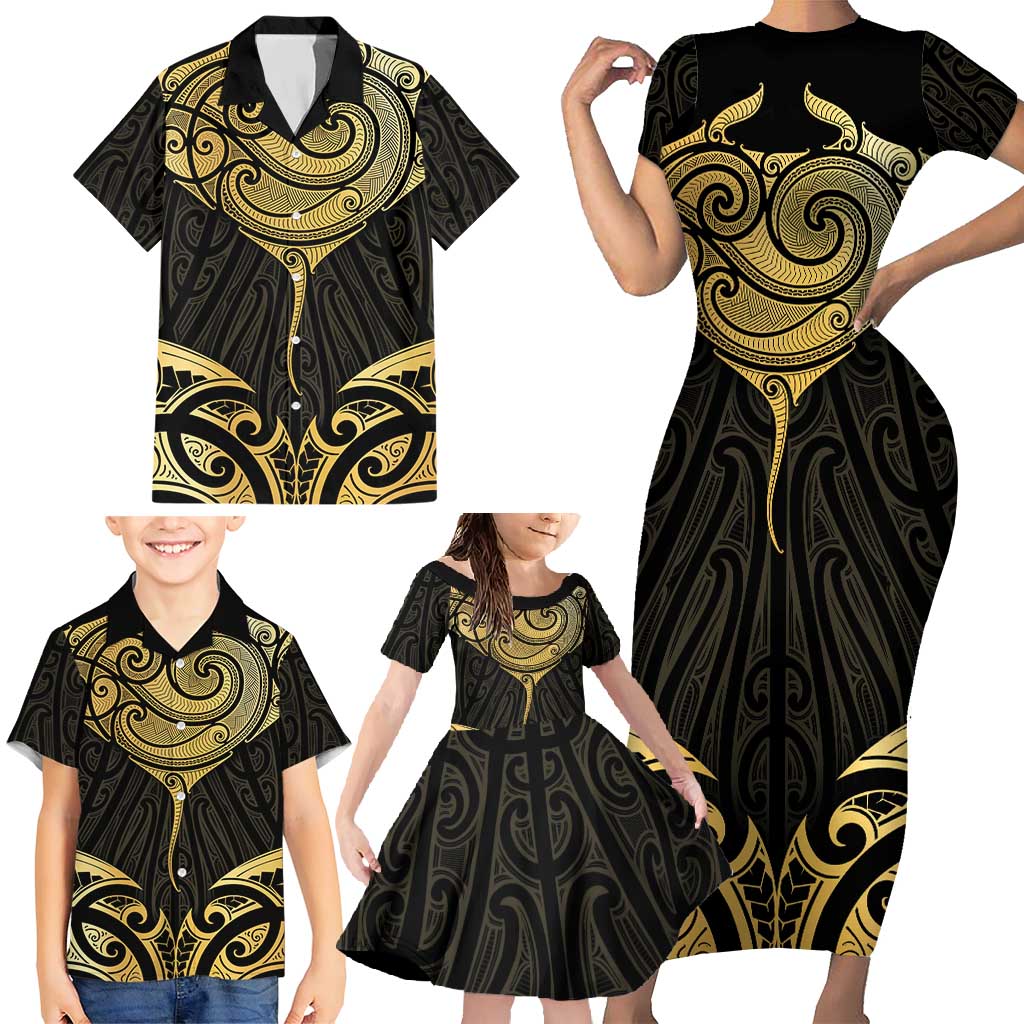 Gold Black New Zealand Manta Ray Family Matching Short Sleeve Bodycon Dress and Hawaiian Shirt Aotearoa Maori Haehae LT14 - Polynesian Pride