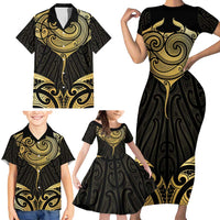 Gold Black New Zealand Manta Ray Family Matching Short Sleeve Bodycon Dress and Hawaiian Shirt Aotearoa Maori Haehae LT14 - Polynesian Pride