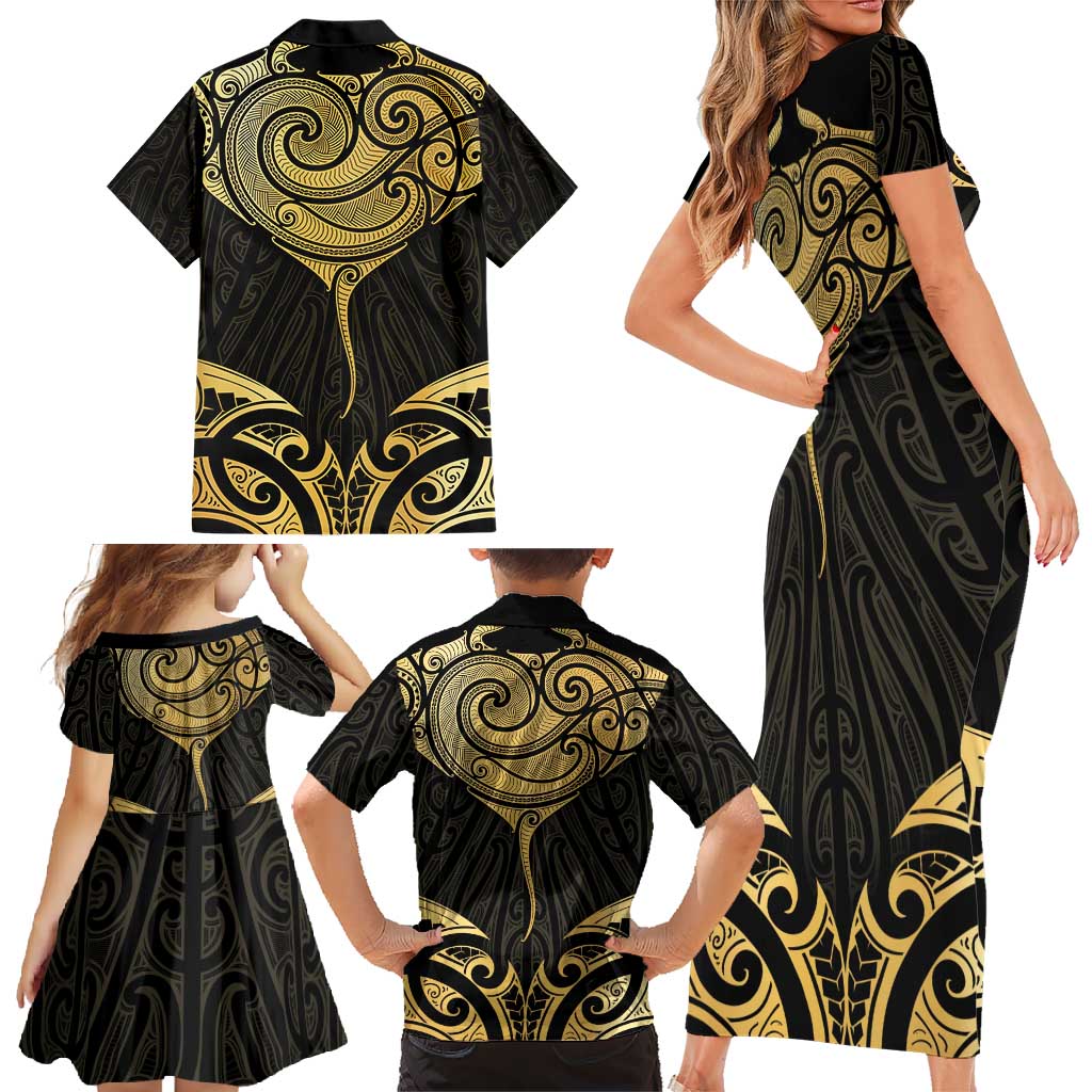 Gold Black New Zealand Manta Ray Family Matching Short Sleeve Bodycon Dress and Hawaiian Shirt Aotearoa Maori Haehae LT14 - Polynesian Pride