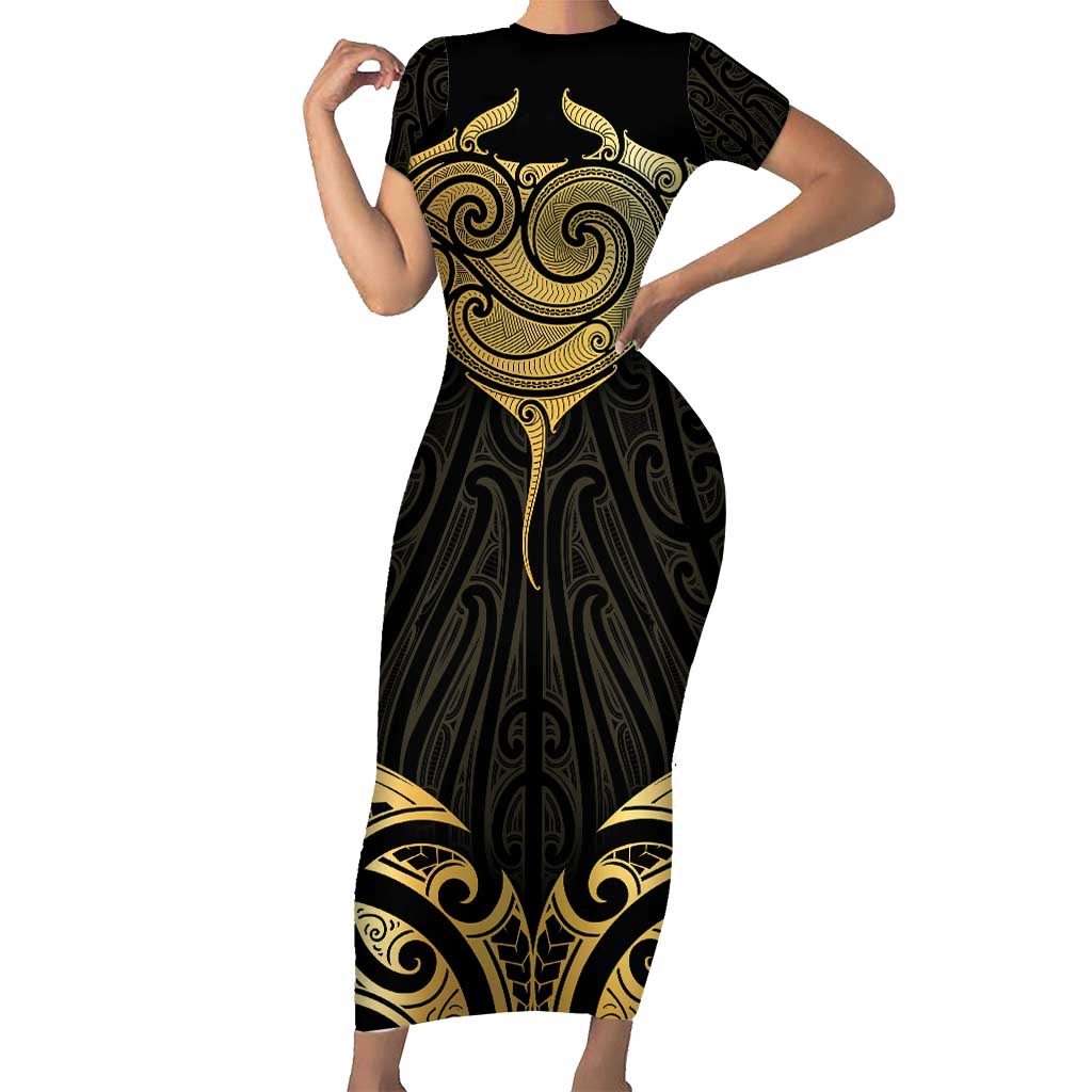 Gold Black New Zealand Manta Ray Family Matching Short Sleeve Bodycon Dress and Hawaiian Shirt Aotearoa Maori Haehae LT14 Mom's Dress Black - Polynesian Pride