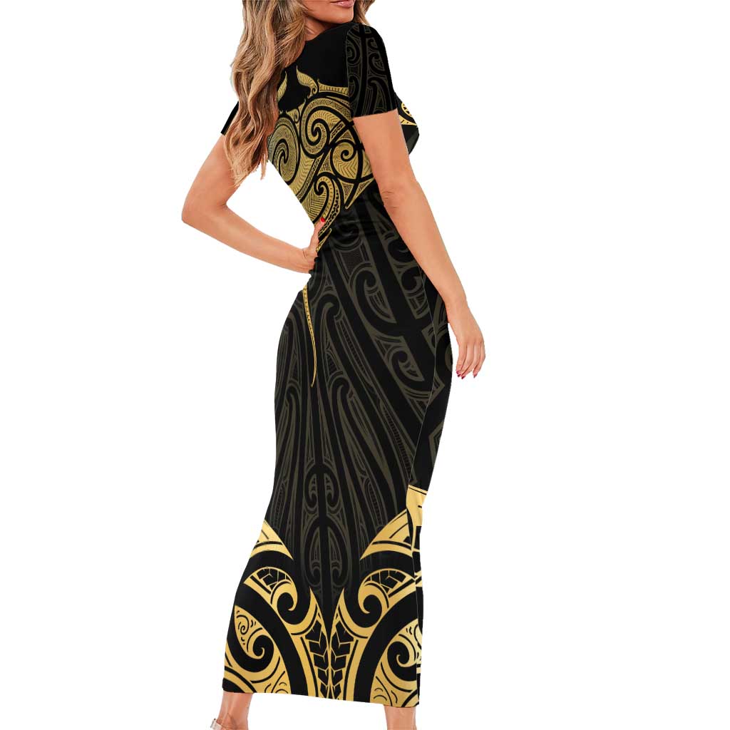 Gold Black New Zealand Manta Ray Family Matching Short Sleeve Bodycon Dress and Hawaiian Shirt Aotearoa Maori Haehae LT14 - Polynesian Pride