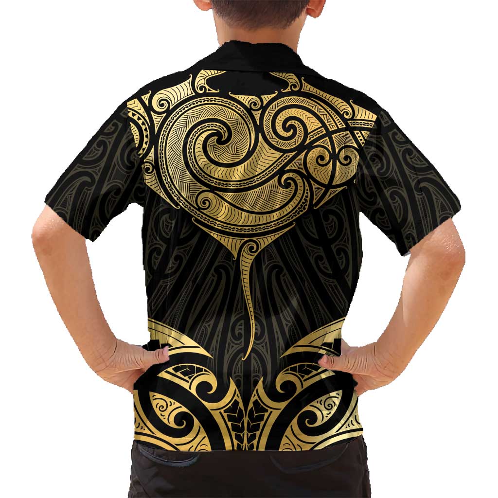 Gold Black New Zealand Manta Ray Family Matching Summer Maxi Dress and Hawaiian Shirt Aotearoa Maori Haehae LT14 - Polynesian Pride