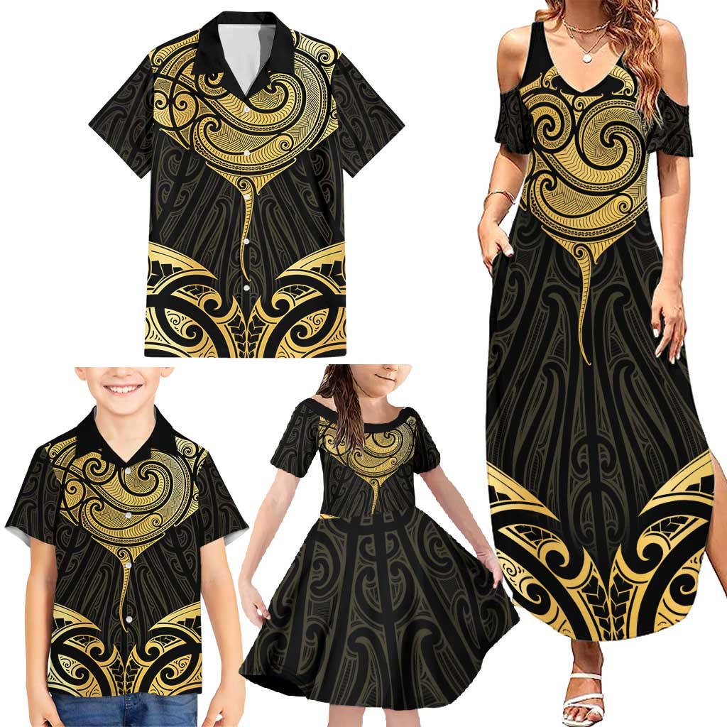 Gold Black New Zealand Manta Ray Family Matching Summer Maxi Dress and Hawaiian Shirt Aotearoa Maori Haehae LT14 - Polynesian Pride