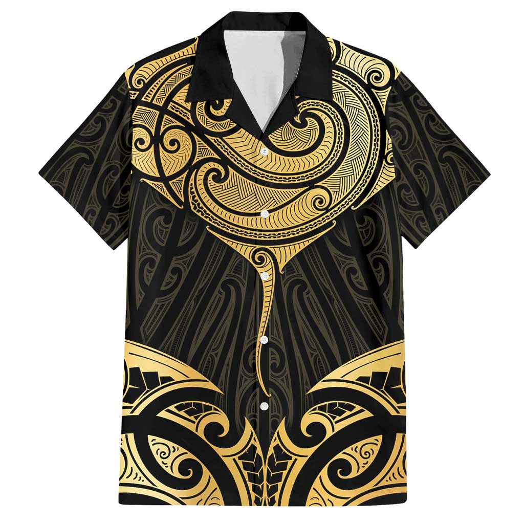 Gold Black New Zealand Manta Ray Family Matching Summer Maxi Dress and Hawaiian Shirt Aotearoa Maori Haehae LT14 Dad's Shirt - Short Sleeve Black - Polynesian Pride