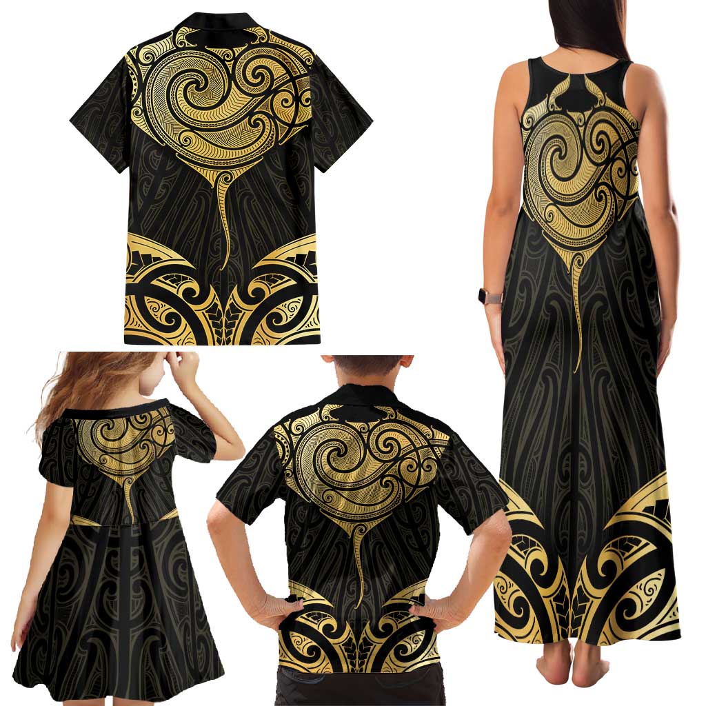 Gold Black New Zealand Manta Ray Family Matching Tank Maxi Dress and Hawaiian Shirt Aotearoa Maori Haehae LT14 - Polynesian Pride
