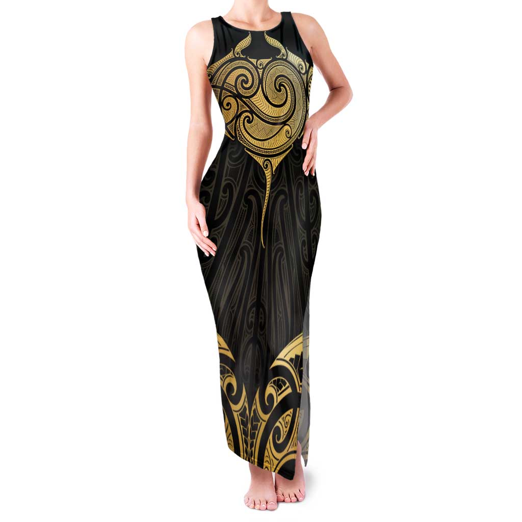 Gold Black New Zealand Manta Ray Family Matching Tank Maxi Dress and Hawaiian Shirt Aotearoa Maori Haehae LT14 Mom's Dress Black - Polynesian Pride