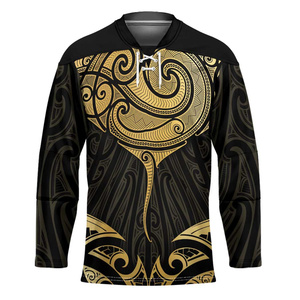 Gold Black New Zealand Manta Ray Hockey Jersey Aotearoa Maori Haehae - Polynesian Pride