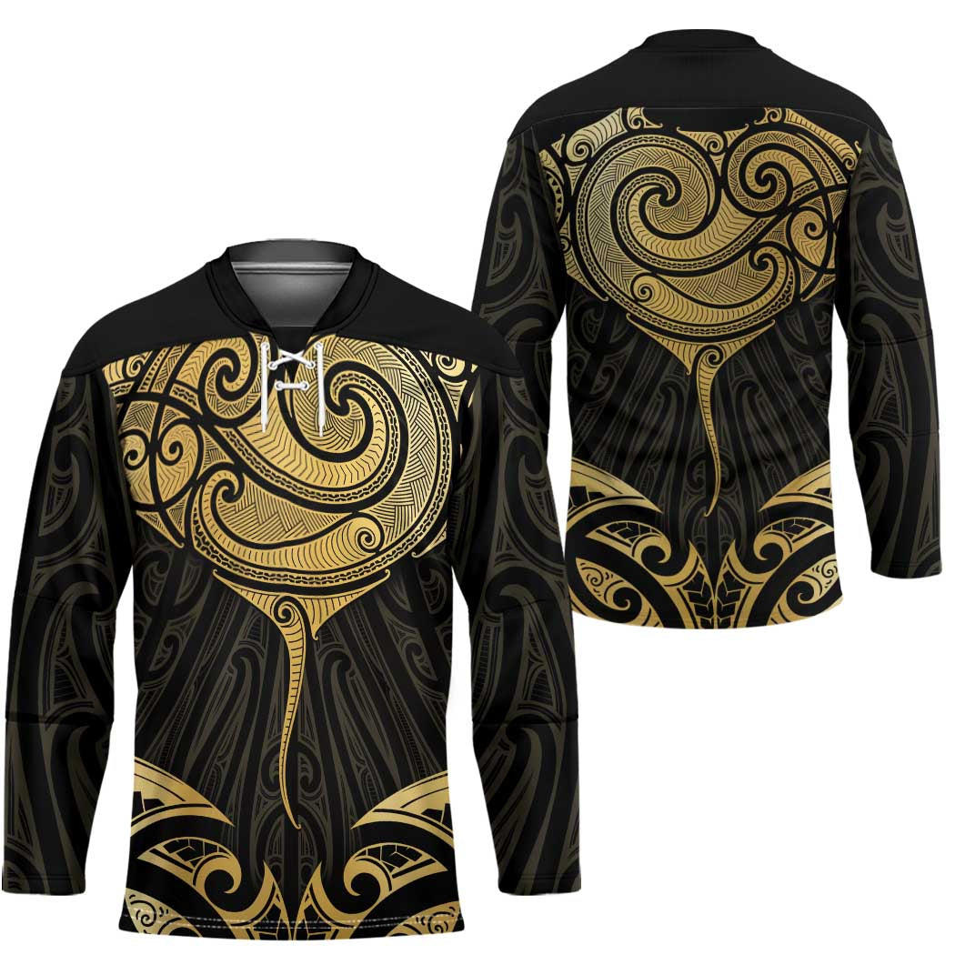 Gold Black New Zealand Manta Ray Hockey Jersey Aotearoa Maori Haehae - Polynesian Pride