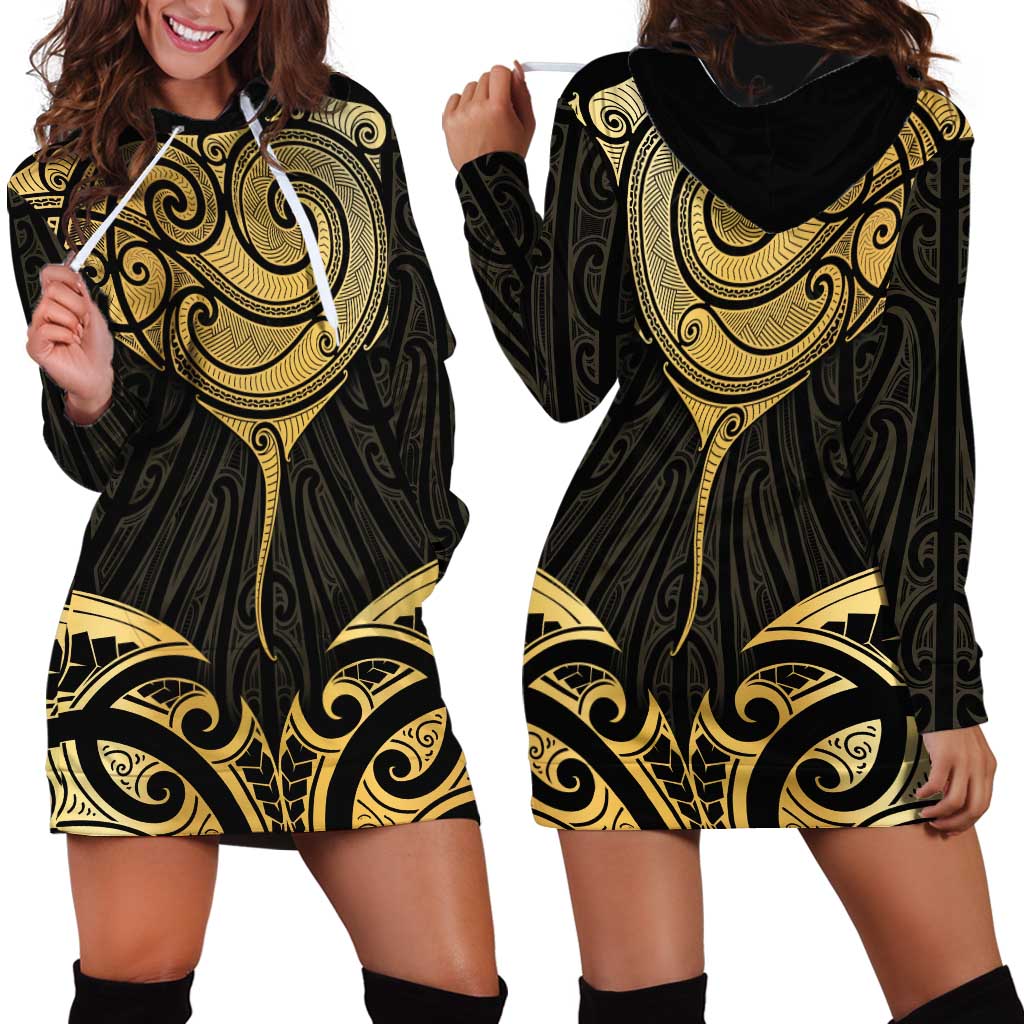 Gold Black New Zealand Manta Ray Hoodie Dress Aotearoa Maori Haehae LT14 - Polynesian Pride