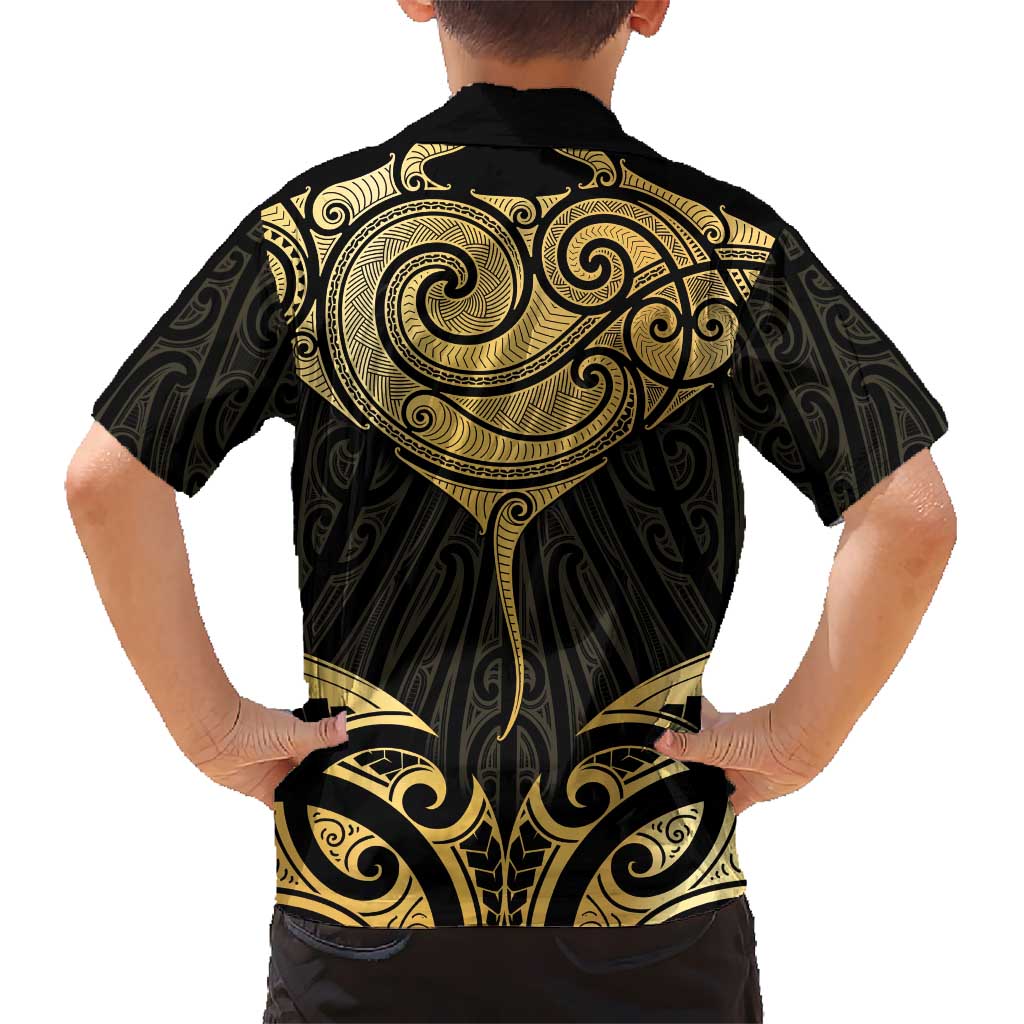 Gold Black New Zealand Manta Ray Kid Hawaiian Shirt Aotearoa Maori Haehae - Polynesian Pride