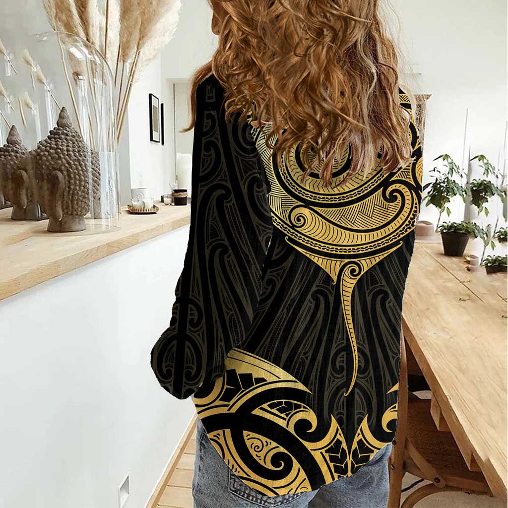 Gold Black New Zealand Manta Ray Women Casual Shirt Aotearoa Maori Haehae LT14 - Polynesian Pride