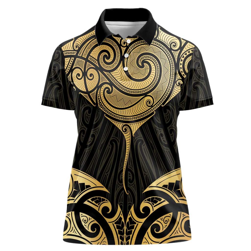 Gold Black New Zealand Manta Ray Women Polo Shirt Aotearoa Maori Haehae LT14 Female Black - Polynesian Pride