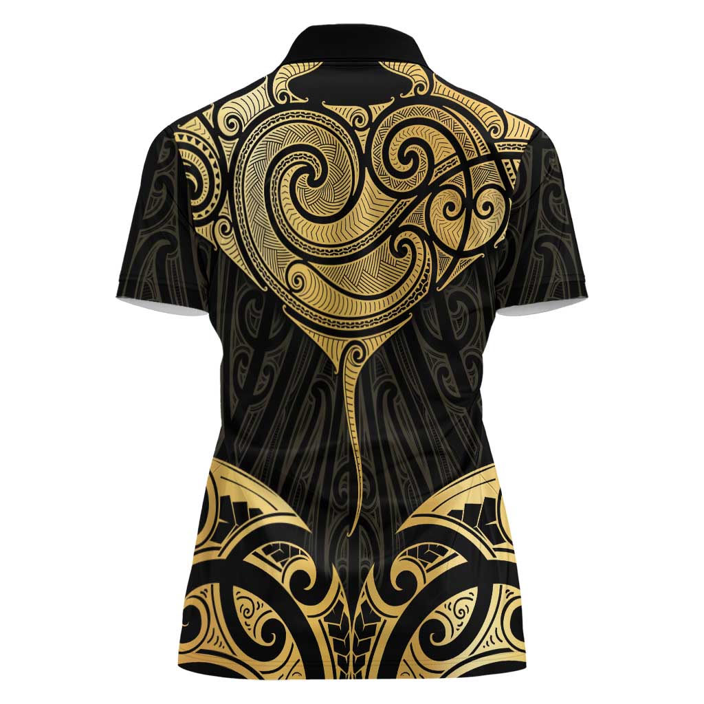 Gold Black New Zealand Manta Ray Women Polo Shirt Aotearoa Maori Haehae LT14 - Polynesian Pride