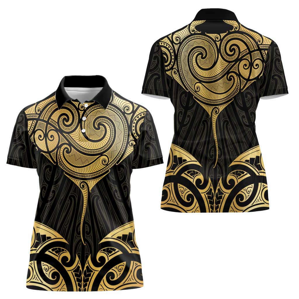 Gold Black New Zealand Manta Ray Women Polo Shirt Aotearoa Maori Haehae LT14 - Polynesian Pride