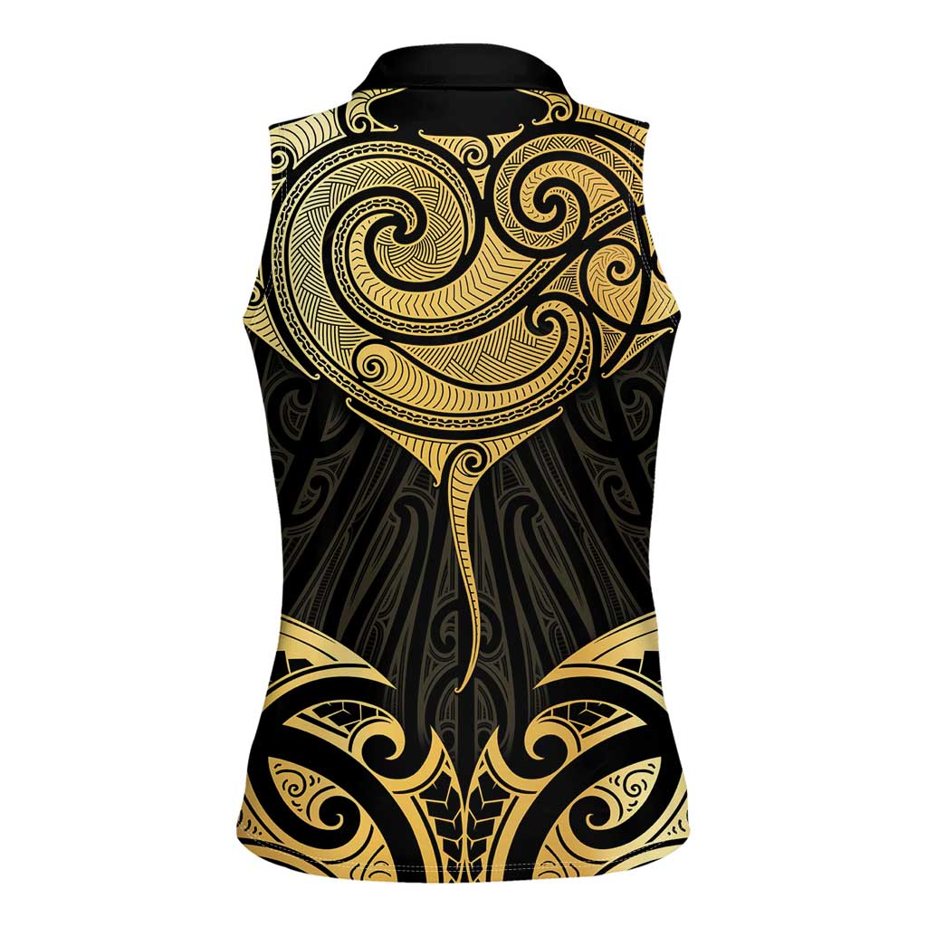 Gold Black New Zealand Manta Ray Women Sleeveless Polo Shirt Aotearoa Maori Haehae LT14 - Polynesian Pride