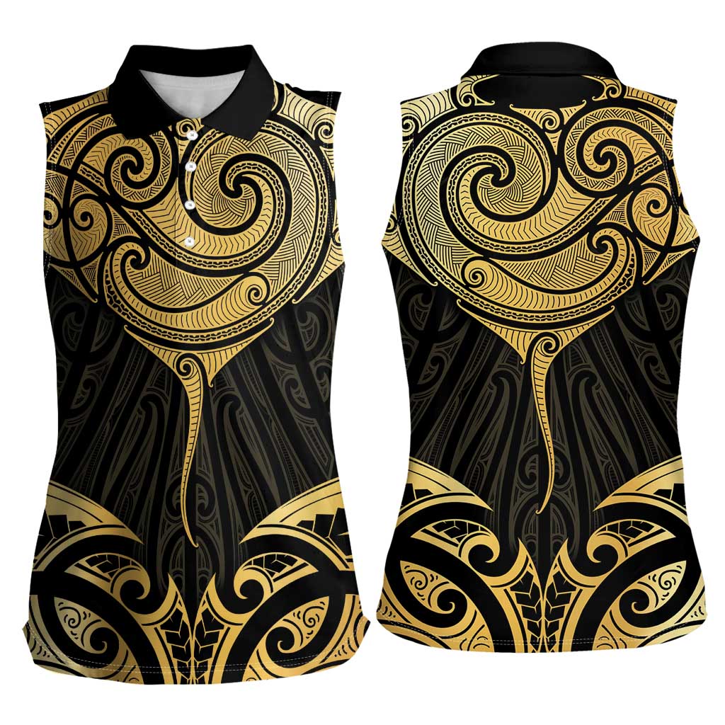 Gold Black New Zealand Manta Ray Women Sleeveless Polo Shirt Aotearoa Maori Haehae LT14 - Polynesian Pride
