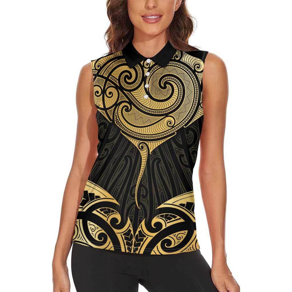 Gold Black New Zealand Manta Ray Women Sleeveless Polo Shirt Aotearoa Maori Haehae LT14 - Polynesian Pride