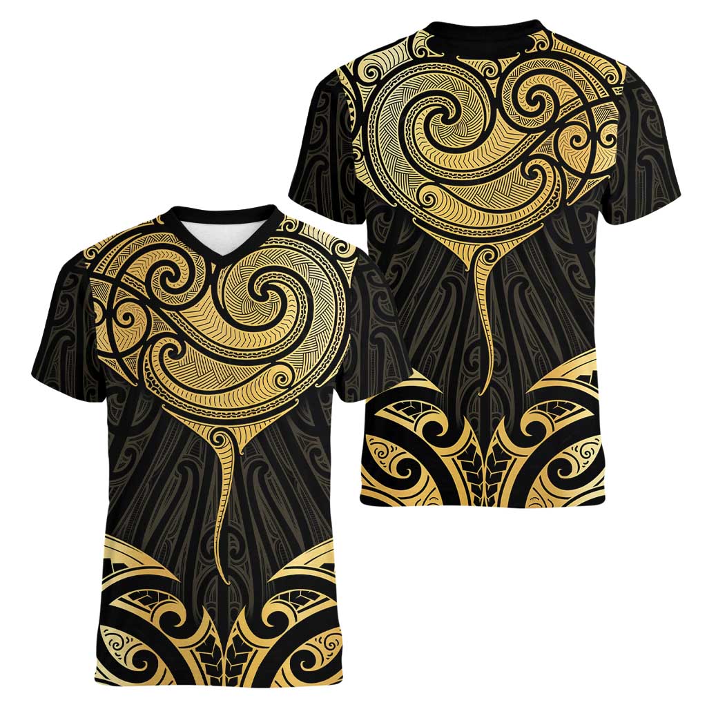 Gold Black New Zealand Manta Ray Women V-Neck T-Shirt Aotearoa Maori Haehae LT14 - Polynesian Pride