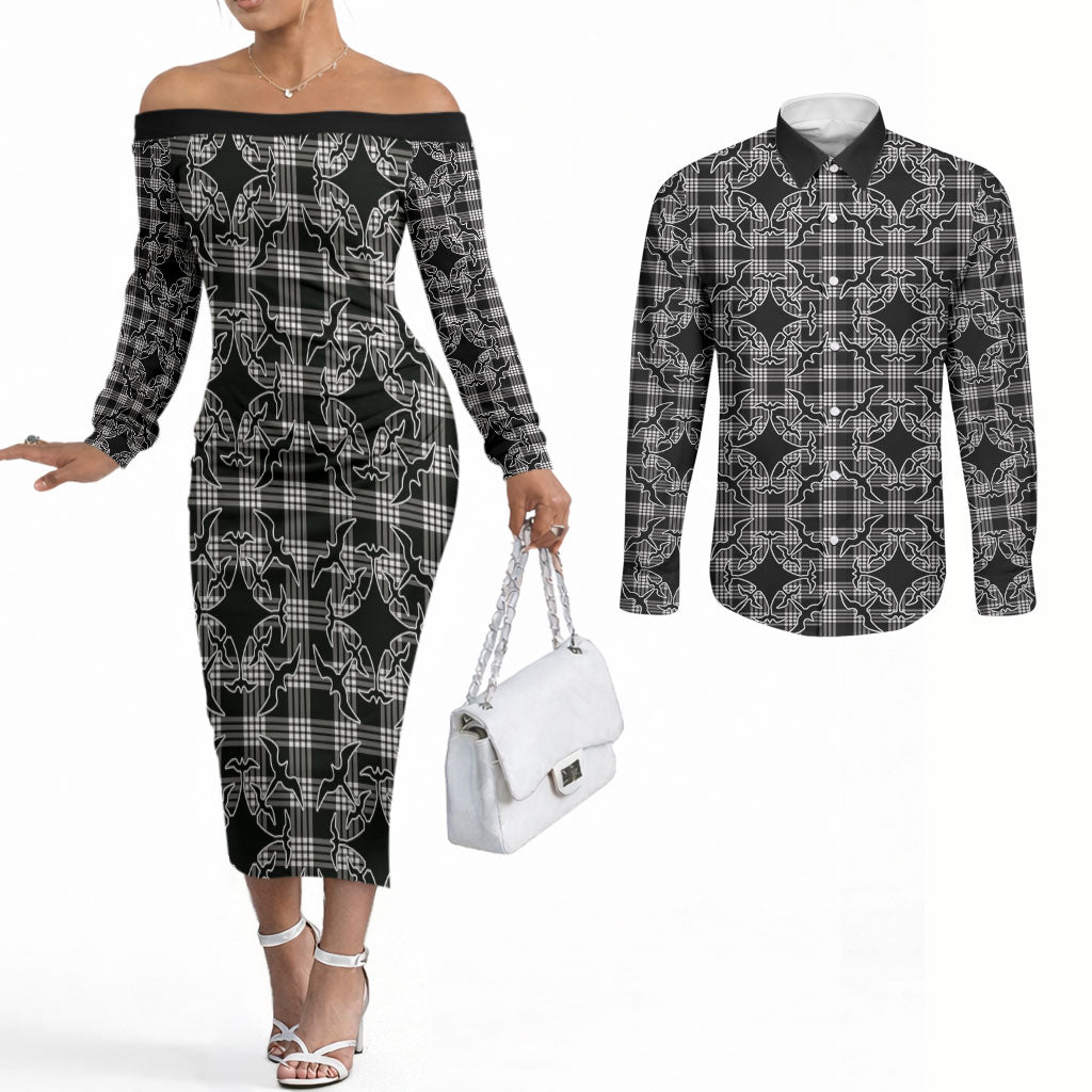 Eleele Hawaii Iwa Bird Palaka Motifs Couples Matching Off The Shoulder Long Sleeve Dress and Long Sleeve Button Shirt