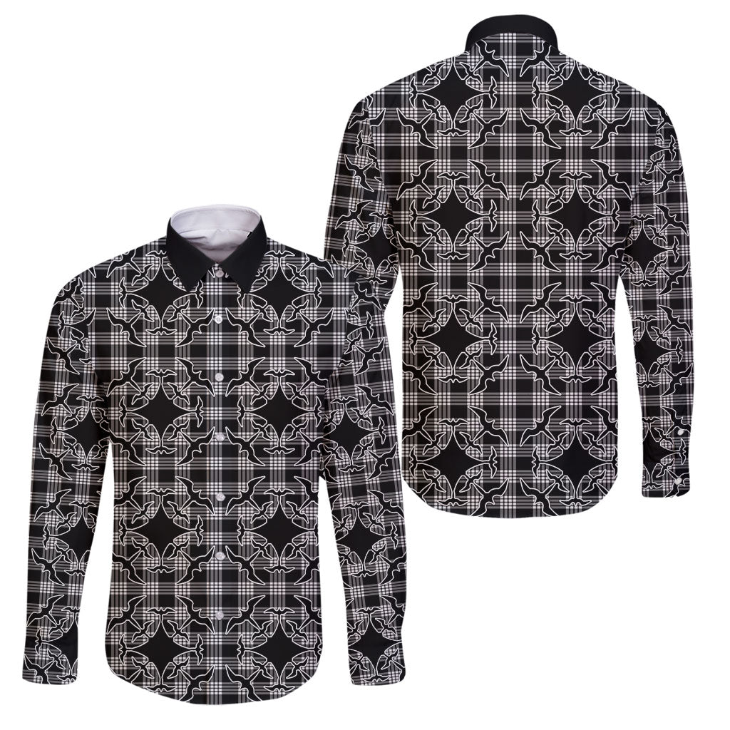Eleele Hawaii Iwa Bird Palaka Motifs Family Matching Puletasi and Hawaiian Shirt LT14 Dad's Shirt - Long Sleeve Black - Polynesian Pride