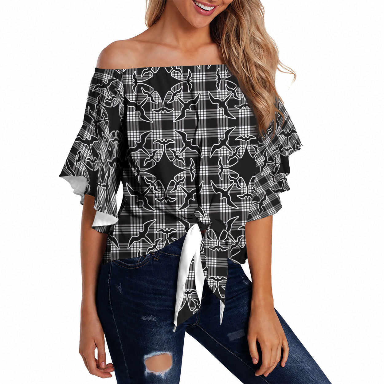 Eleele Hawaii Iwa Bird Palaka Motifs Off Shoulder Wrap Waist Top