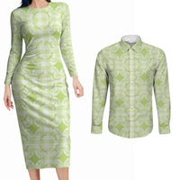 Omaomao Hawaii Iwa Bird Palaka Motifs Couples Matching Long Sleeve Bodycon Dress and Long Sleeve Button Shirt LT14 Green - Polynesian Pride