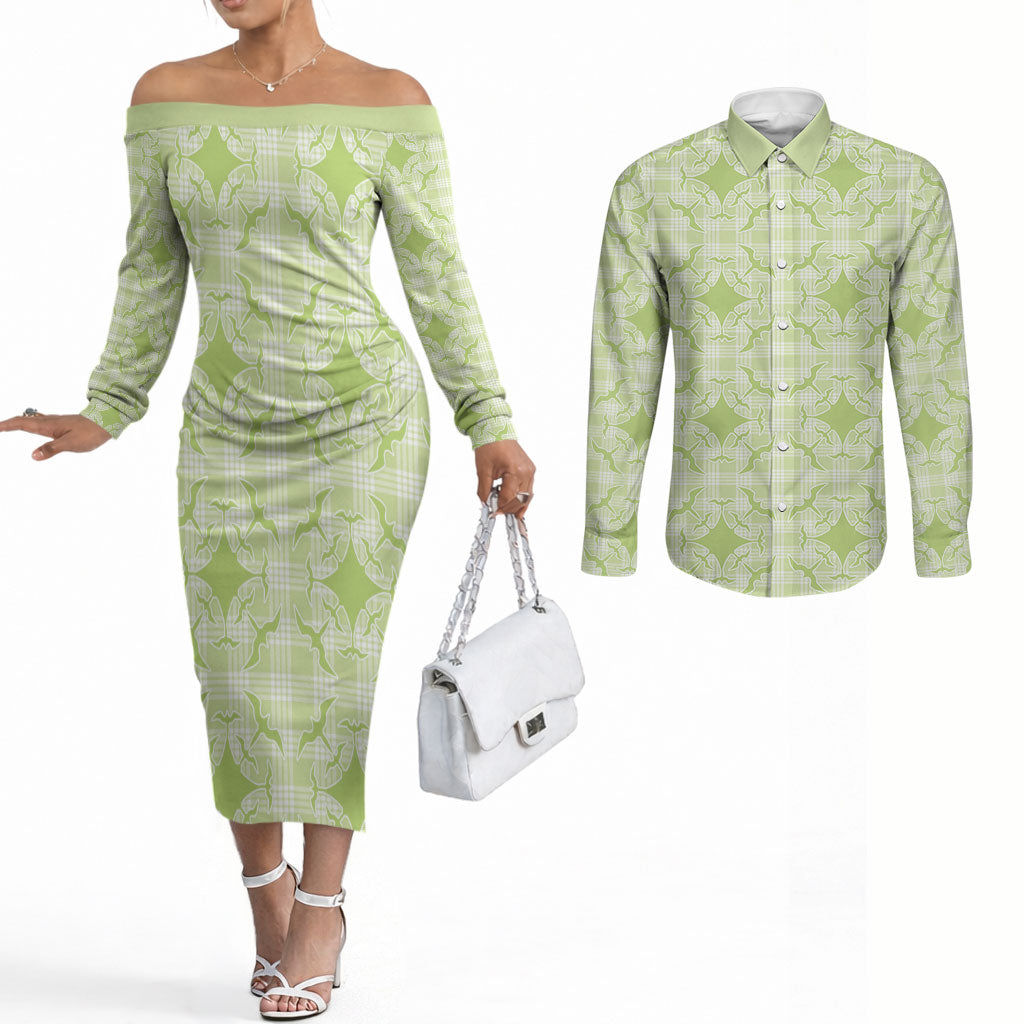 Omaomao Hawaii Iwa Bird Palaka Motifs Couples Matching Off The Shoulder Long Sleeve Dress and Long Sleeve Button Shirt