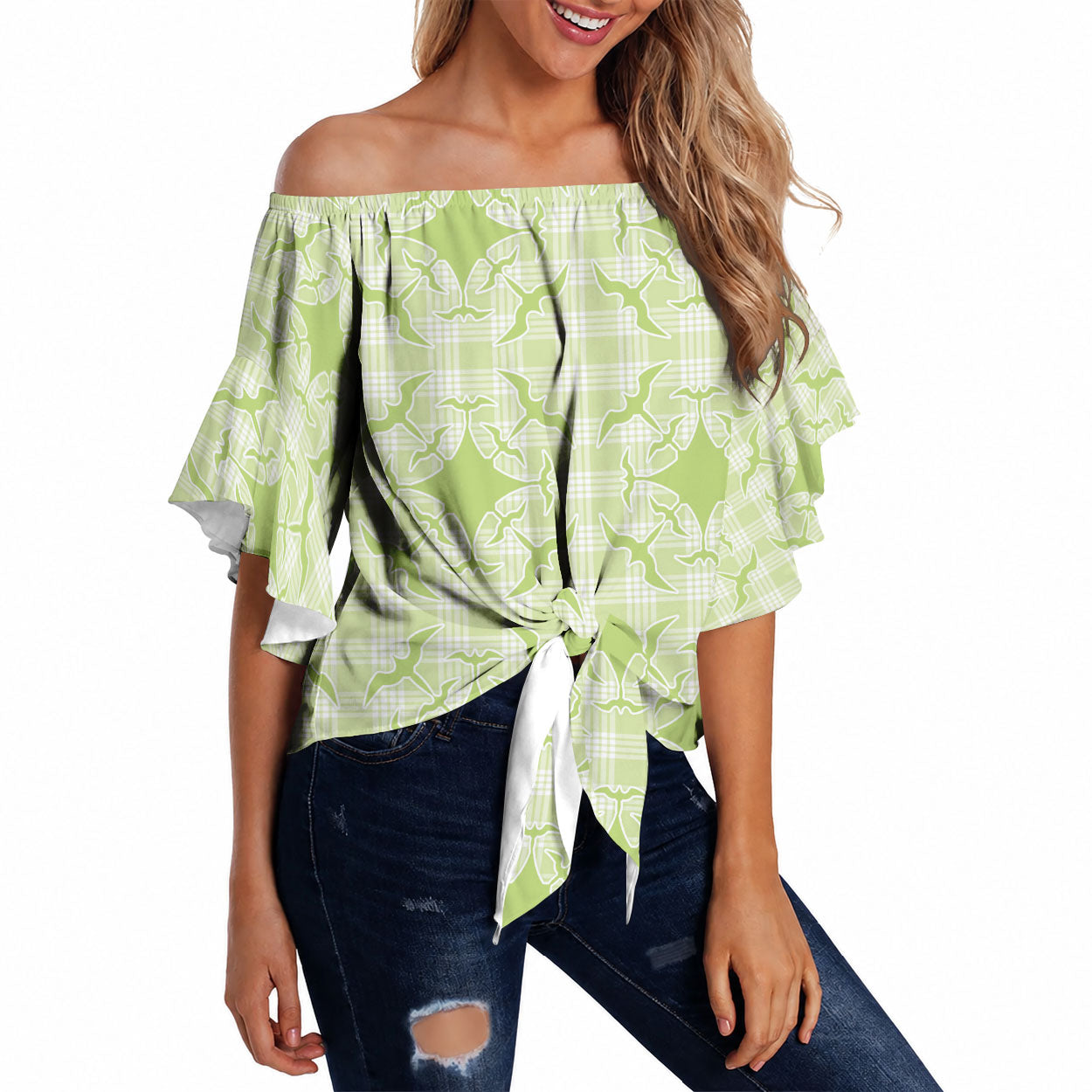 Omaomao Hawaii Iwa Bird Palaka Motifs Off Shoulder Wrap Waist Top
