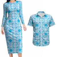Polu Hawaii Iwa Bird Palaka Motifs Couples Matching Long Sleeve Bodycon Dress and Hawaiian Shirt LT14 Blue - Polynesian Pride