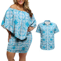 Polu Hawaii Iwa Bird Palaka Motifs Couples Matching Off Shoulder Short Dress and Hawaiian Shirt LT14 Blue - Polynesian Pride