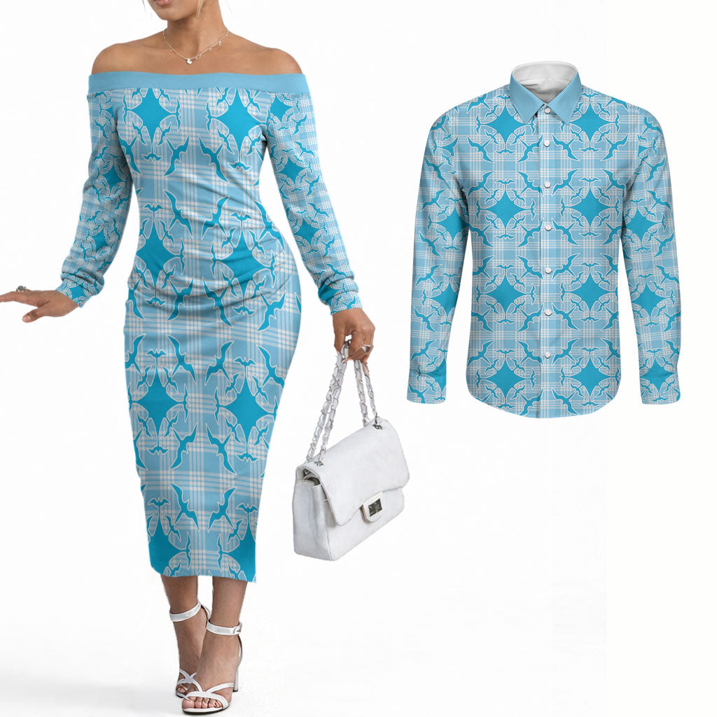Polu Hawaii Iwa Bird Palaka Motifs Couples Matching Off The Shoulder Long Sleeve Dress and Long Sleeve Button Shirt