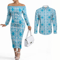 Polu Hawaii Iwa Bird Palaka Motifs Couples Matching Off The Shoulder Long Sleeve Dress and Long Sleeve Button Shirt LT14 Blue - Polynesian Pride