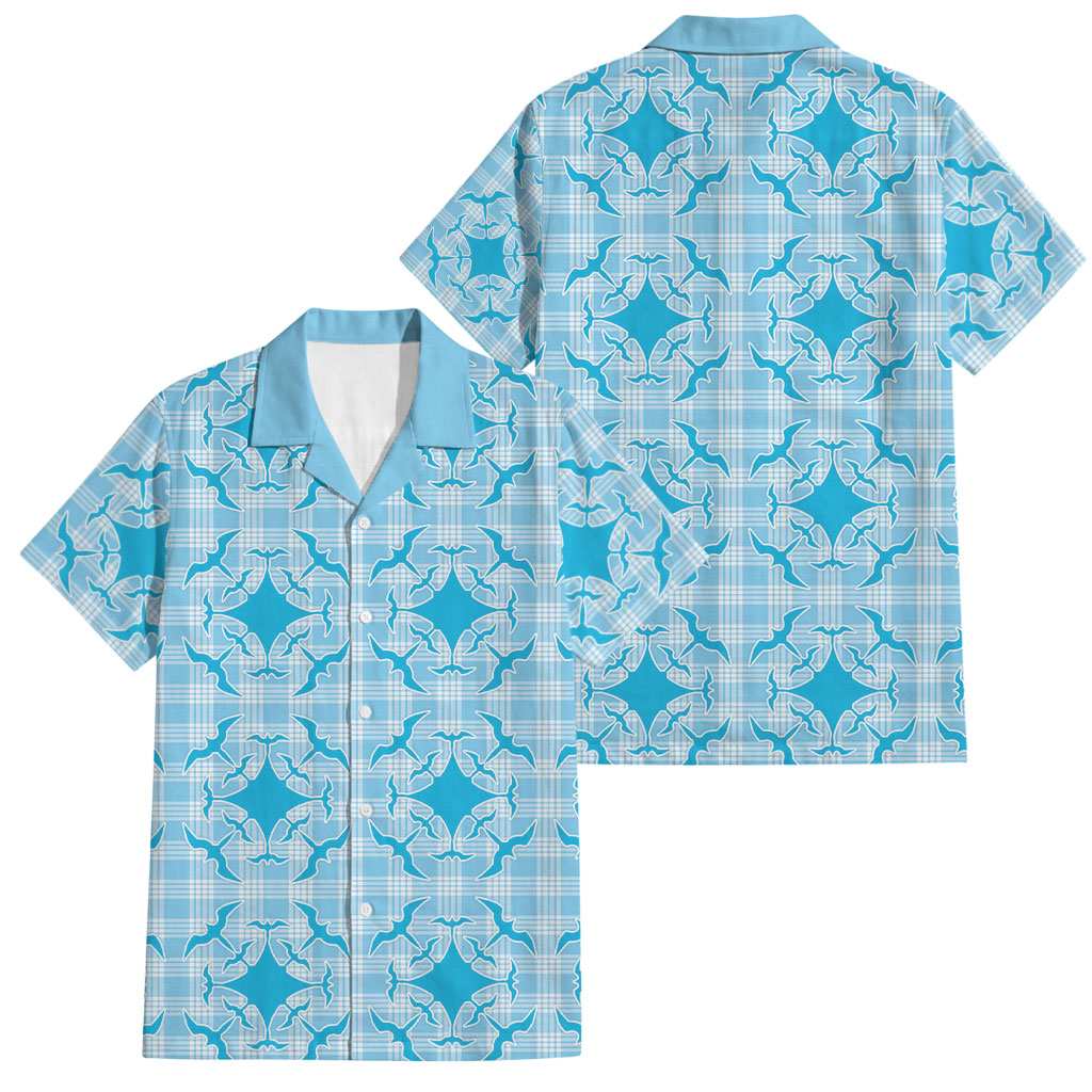 Polu Hawaii Iwa Bird Palaka Motifs Family Matching Puletasi and Hawaiian Shirt LT14 Dad's Shirt - Short Sleeve Blue - Polynesian Pride
