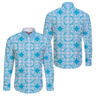 Polu Hawaii Iwa Bird Palaka Motifs Family Matching Puletasi and Hawaiian Shirt LT14 Dad's Shirt - Long Sleeve Blue - Polynesian Pride