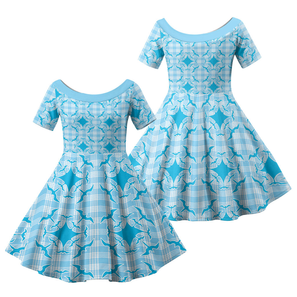 Polu Hawaii Iwa Bird Palaka Motifs Family Matching Puletasi and Hawaiian Shirt LT14 Daughter's Dress Blue - Polynesian Pride