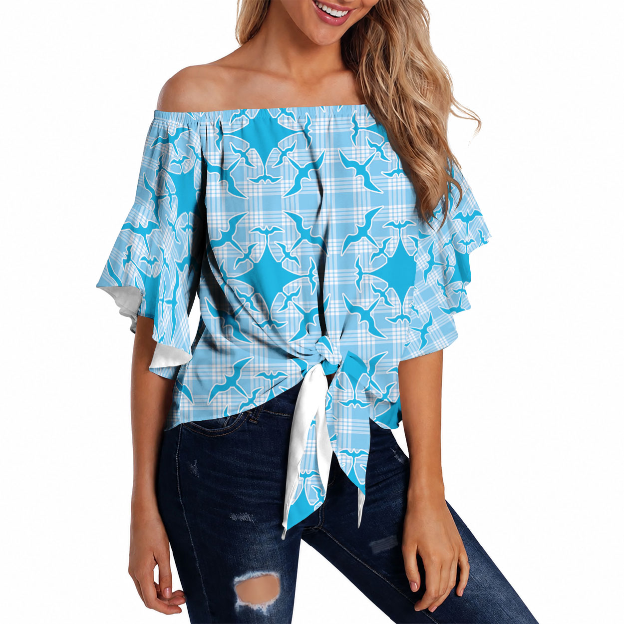 Polu Hawaii Iwa Bird Palaka Motifs Off Shoulder Wrap Waist Top