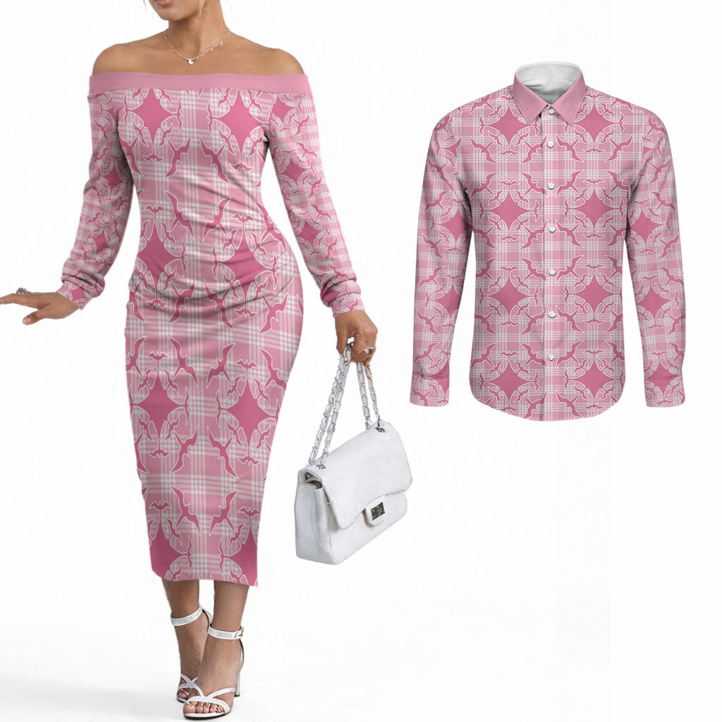 Alaka Hawaii Iwa Bird Palaka Motifs Couples Matching Off The Shoulder Long Sleeve Dress and Long Sleeve Button Shirt