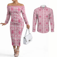Alaka Hawaii Iwa Bird Palaka Motifs Couples Matching Off The Shoulder Long Sleeve Dress and Long Sleeve Button Shirt LT14 Pink - Polynesian Pride