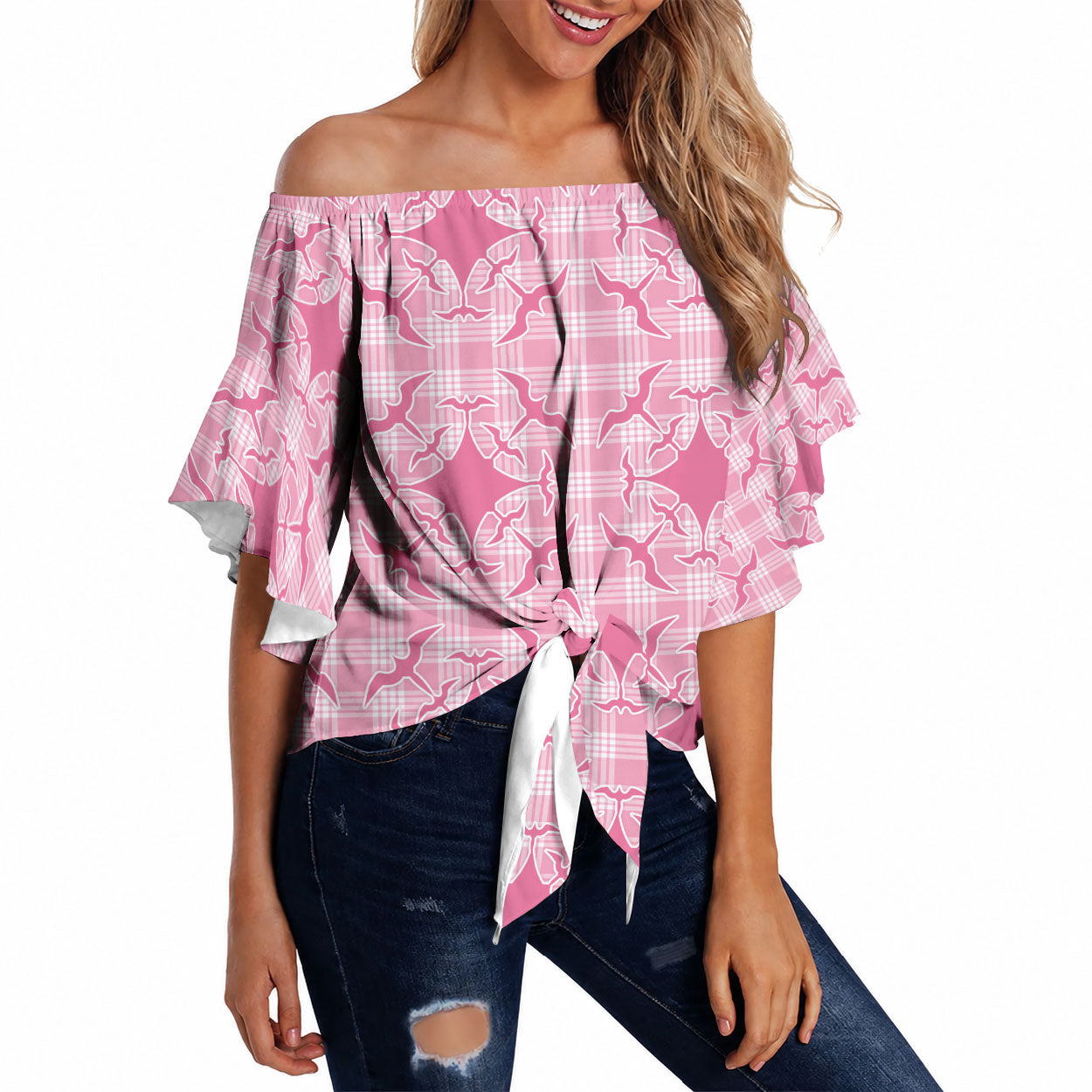 Alaka Hawaii Iwa Bird Palaka Motifs Off Shoulder Wrap Waist Top
