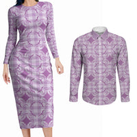 Poni Hawaii Iwa Bird Palaka Motifs Couples Matching Long Sleeve Bodycon Dress and Long Sleeve Button Shirt LT14 Purple - Polynesian Pride