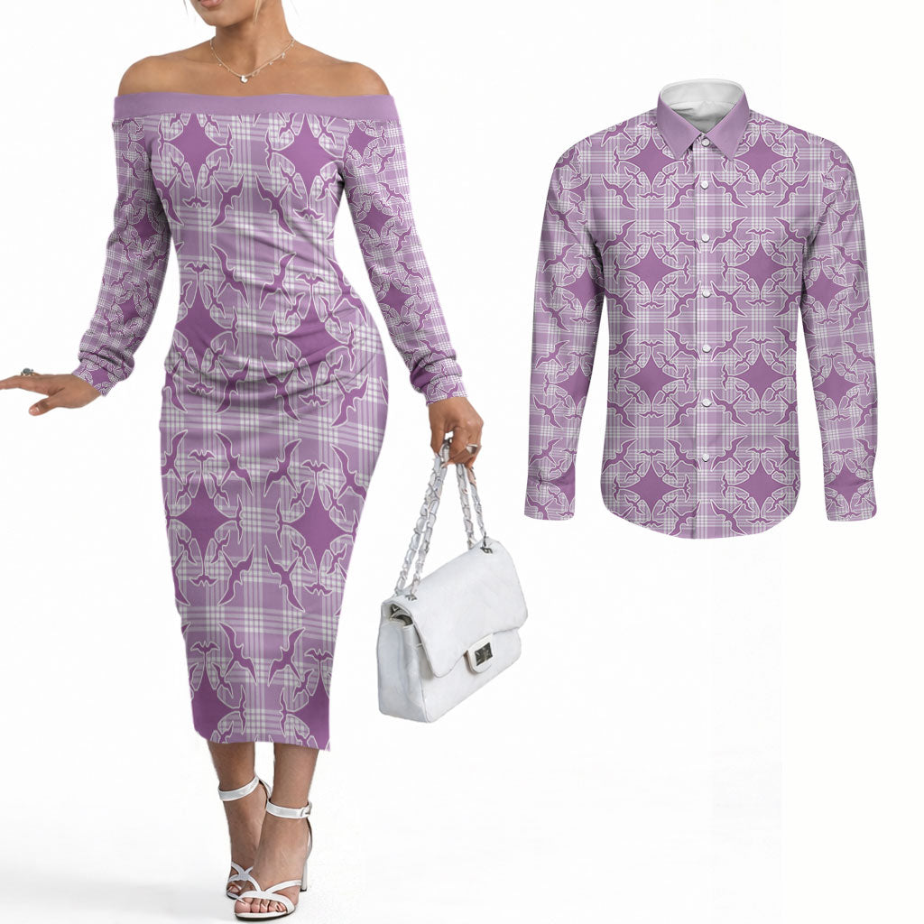 Poni Hawaii Iwa Bird Palaka Motifs Couples Matching Off The Shoulder Long Sleeve Dress and Long Sleeve Button Shirt