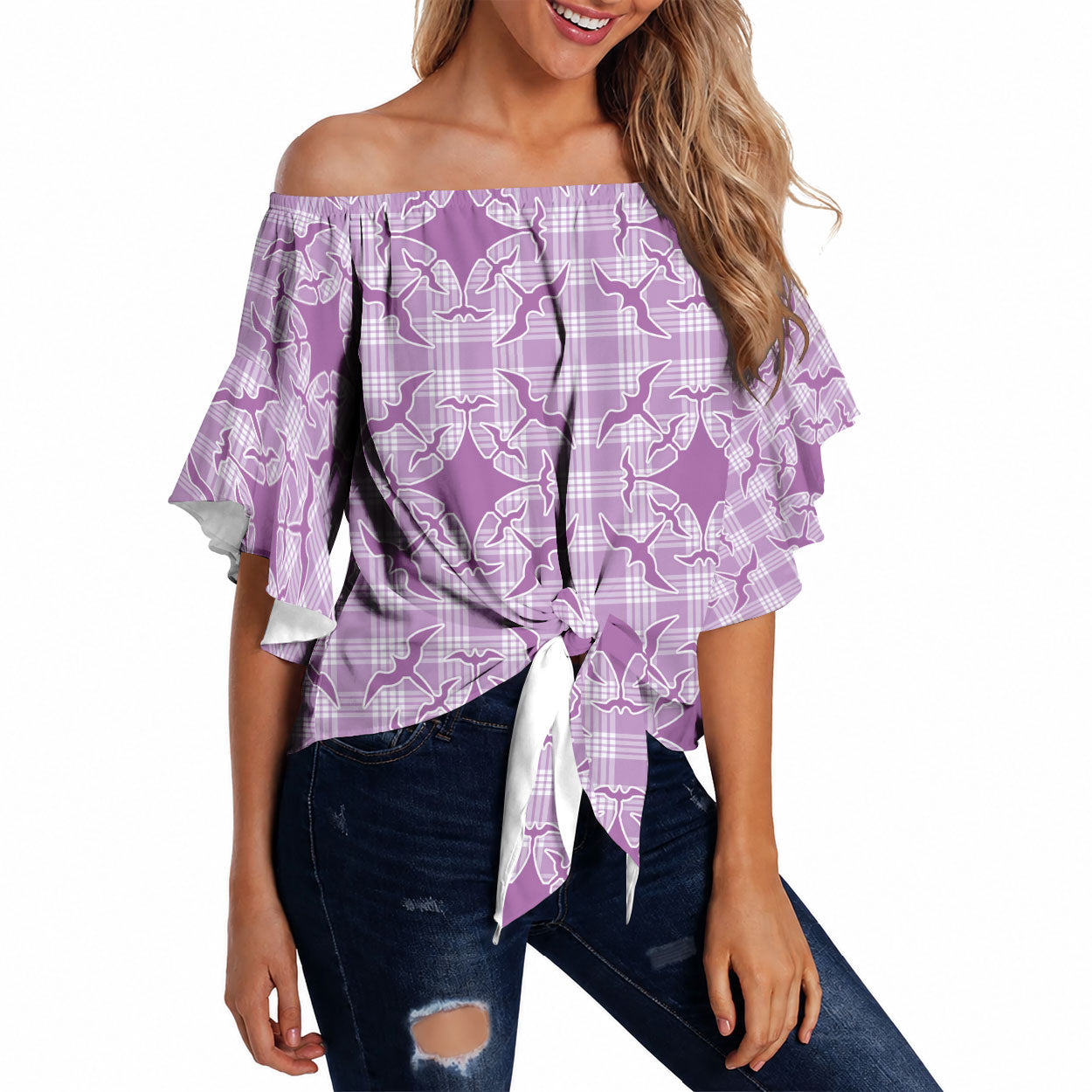 Poni Hawaii Iwa Bird Palaka Motifs Off Shoulder Wrap Waist Top