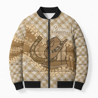 Makue Hawaii Cowboy Palaka Motifs Personalised Bomber Puffer Jacket Paniolo Festival Puakenikeni Lei LT14 Unisex Brown - Polynesian Pride