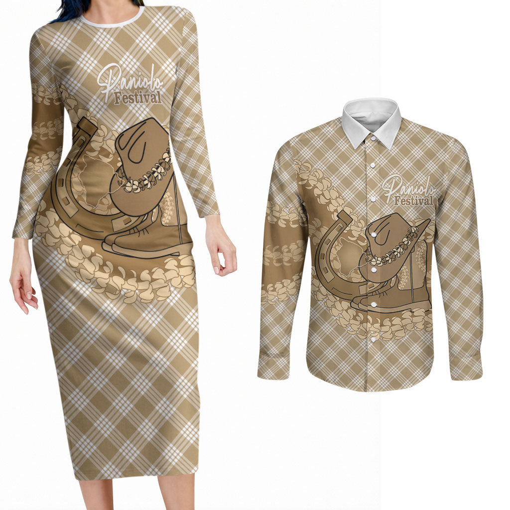 Makue Hawaii Cowboy Palaka Motifs Personalised Couples Matching Long Sleeve Bodycon Dress and Long Sleeve Button Shirt Paniolo Festival Puakenikeni Lei LT14 Brown - Polynesian Pride