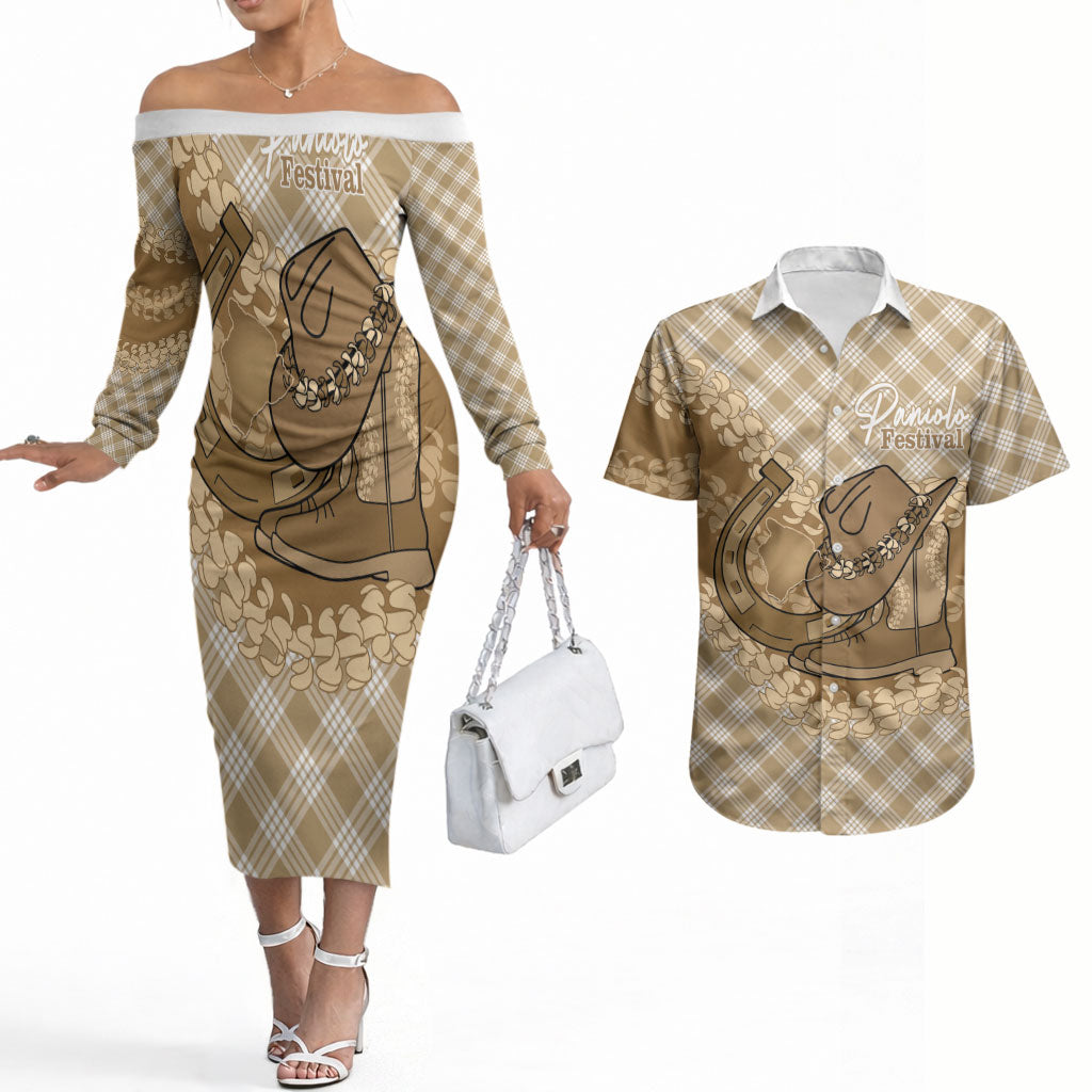Makue Hawaii Cowboy Palaka Motifs Personalised Couples Matching Off The Shoulder Long Sleeve Dress and Hawaiian Shirt Paniolo Festival Puakenikeni Lei LT14 Brown - Polynesian Pride
