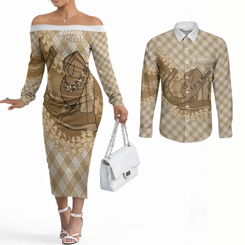 Makue Hawaii Cowboy Palaka Motifs Personalised Couples Matching Off The Shoulder Long Sleeve Dress and Long Sleeve Button Shirt Paniolo Festival Puakenikeni Lei LT14 Brown - Polynesian Pride