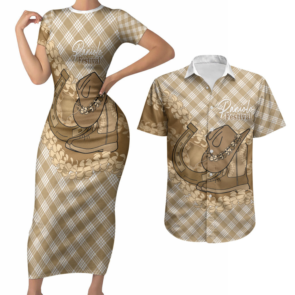 Makue Hawaii Cowboy Palaka Motifs Personalised Couples Matching Short Sleeve Bodycon Dress and Hawaiian Shirt Paniolo Festival Puakenikeni Lei LT14 Brown - Polynesian Pride