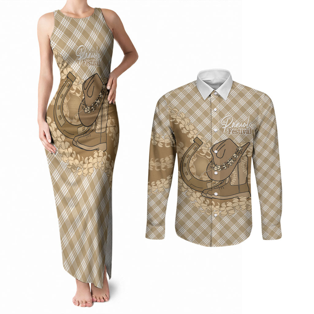 Makue Hawaii Cowboy Palaka Motifs Personalised Couples Matching Tank Maxi Dress and Long Sleeve Button Shirt Paniolo Festival Puakenikeni Lei LT14 Brown - Polynesian Pride